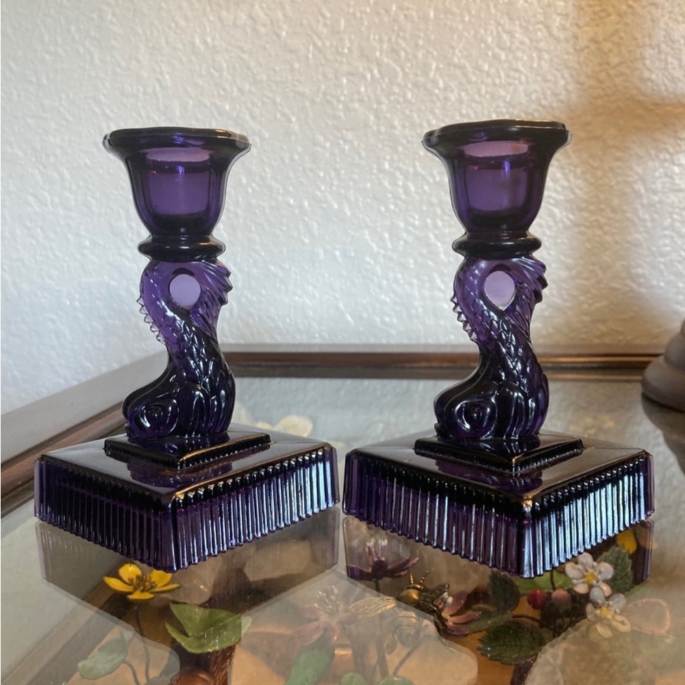 Vintage Amethyst Koi Fish candlesticks Deep Violet, Pair, Imperial Glass